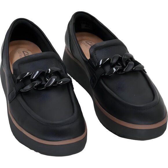 Clarks Zylah May Chain Loafer Black Leather Platform Slip-On Women's US 9.5M - Picture 1 of 6